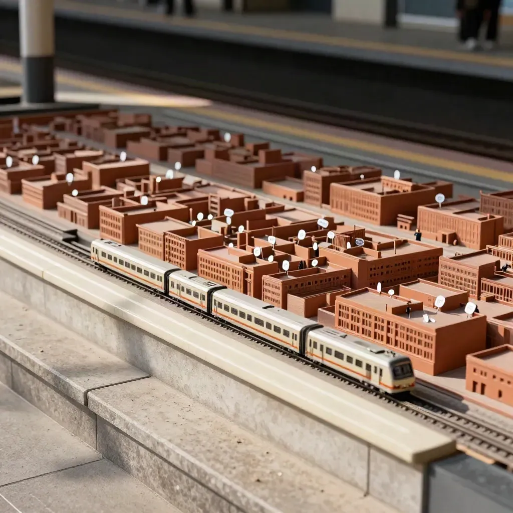 İstasyon merdiveni açısında kampüs harita modeli, metro jetonları ve beyaz bank.