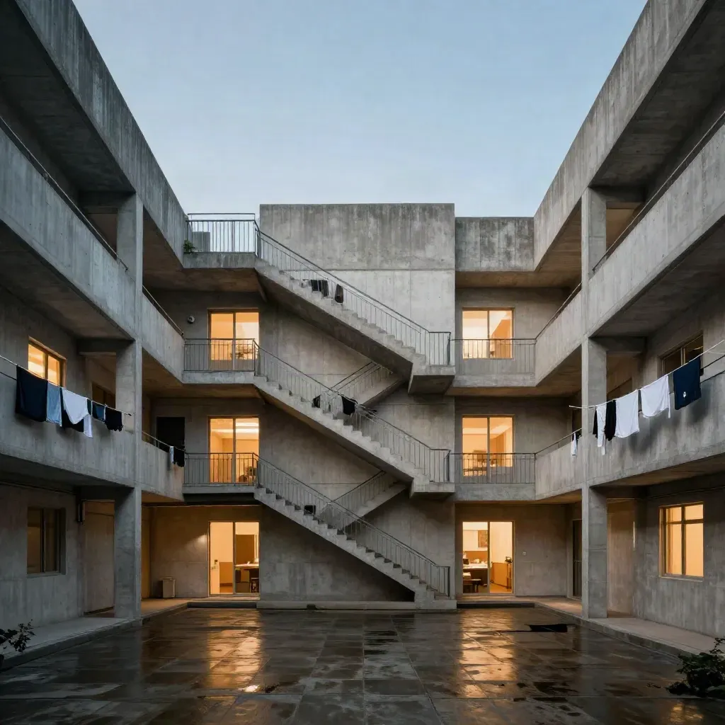Mavi saatte KYK yurdu avlusu, ışıklı pencereler ve çamaşır ipleriyle simetrik.